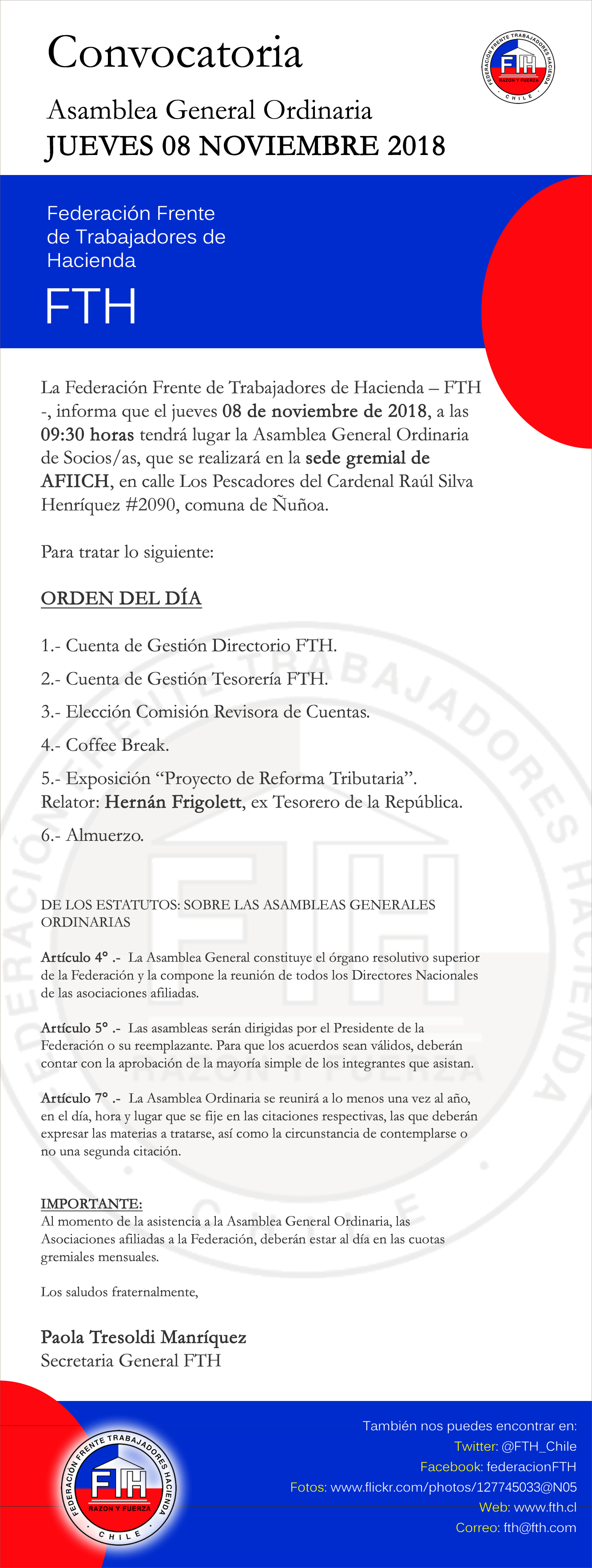 FTH Convoca a dirigentes de base a Asamblea Ordinaria en Santiago