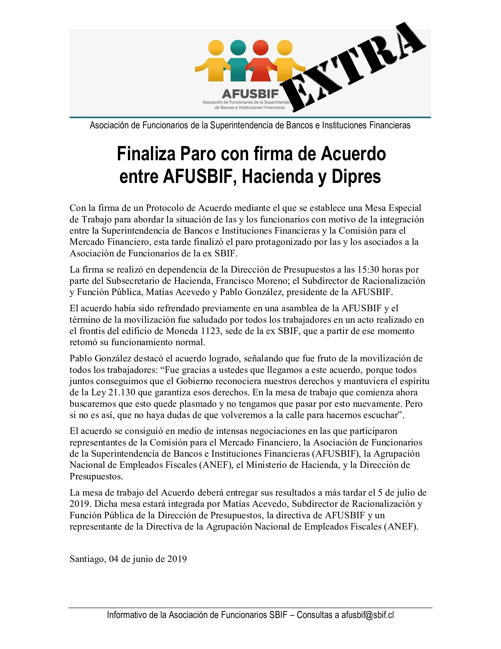 AFUSBIF depone paro de actividades tras firmar Protocolo de Acuerdo con Hacienda